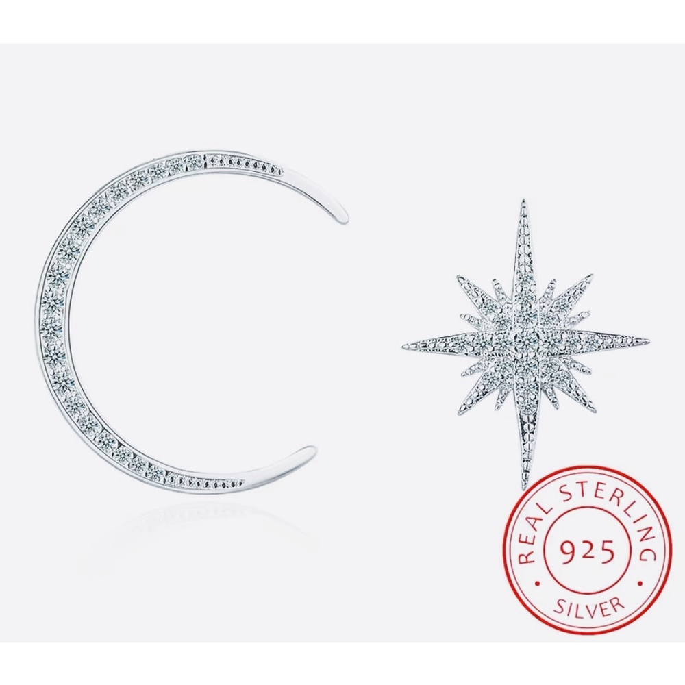 NEW White Gold Plated S925 Asymmetric Moon &‎ Star Stud Earrings, 2.2 x 1.8cm